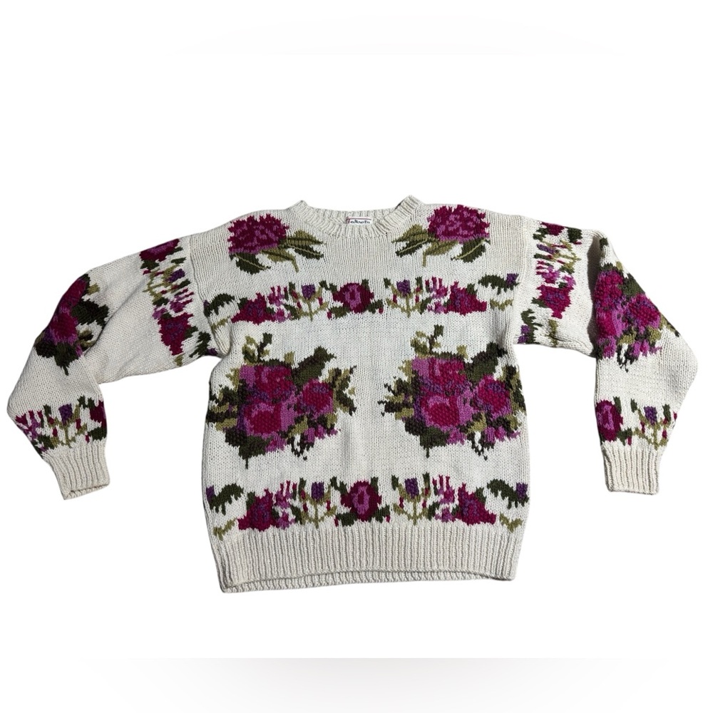 Vintage Hand Knit Floral Sweater Talbots Chunky Grandma Sweater